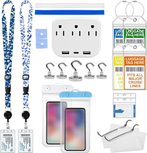 Cruise Essentials 2026 للسفر - أحزمة تعليق مع حاملات بطاقات الهوية، وحقيبة هاتف مقاومة للماء، وبطاقات الأمتعة، وشريط طاقة الرحلات البحرية، وخطافات الرحلات البحرية، وملحقات السفن السياحية in Kuwait