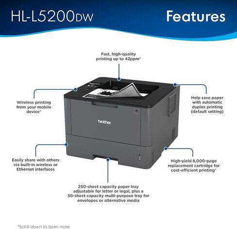 Brother HL-L5200DW طابعة ليزر أحادية اللون لاسلكية أحادية الوظيفة - طباعة فقط - 42 صفحة في الدقيقة، 1200 × 1200 نقطة في البوصة، طباعة تلقائية على الوجهين، 8.5 بوصة × 14 بوصة، ذاكرة 256 ميجابايت، إيثرنت، شاشة LCD سطر واحد in Saudi Arabia
