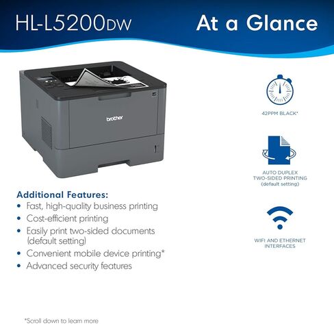 Brother HL-L5200DW طابعة ليزر أحادية اللون لاسلكية أحادية الوظيفة - طباعة فقط - 42 صفحة في الدقيقة، 1200 × 1200 نقطة في البوصة، طباعة تلقائية على الوجهين، 8.5 بوصة × 14 بوصة، ذاكرة 256 ميجابايت، إيثرنت، شاشة LCD سطر واحد in Saudi Arabia