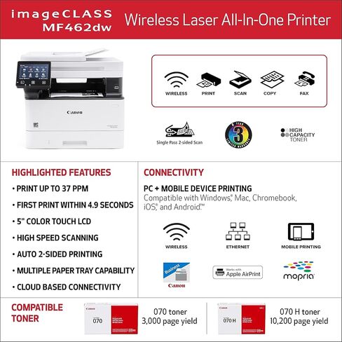طابعة Canon imageCLASS MF462dw 4 في 1 أحادية اللون لاسلكية ليزر مزدوجة مع إمكانيات الطباعة والنسخ والمسح الضوئي والفاكس، ووحدة تغذية المستندات التلقائية، ولوحة عرض تعمل باللمس مقاس 5 بوصات (تجديد معتمد) in Kuwait