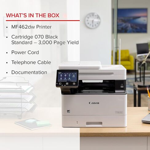 طابعة Canon imageCLASS MF462dw 4 في 1 أحادية اللون لاسلكية ليزر مزدوجة مع إمكانيات الطباعة والنسخ والمسح الضوئي والفاكس، ووحدة تغذية المستندات التلقائية، ولوحة عرض تعمل باللمس مقاس 5 بوصات (تجديد معتمد) in Kuwait