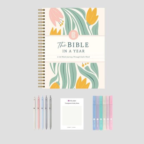 Official Spiral Bible® The Bible in a Year | 52 Week Guided Bible Study & Daily Reading Plan, Pastel Highlighters, Pen Set, & Transparent Sticky Notes in Kuwait