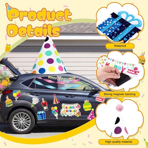 27 Pcs Large Car Birthday Decorations Happy Birthday Magnets with Large Party Hat Colorful Reflective Automotive Car Magnets for Refrigerator Door Metal Surface in Saudi Arabia
