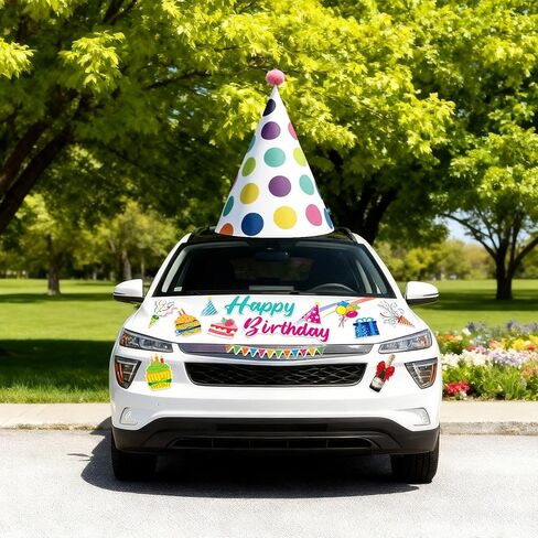 27 Pcs Large Car Birthday Decorations Happy Birthday Magnets with Large Party Hat Colorful Reflective Automotive Car Magnets for Refrigerator Door Metal Surface in Saudi Arabia