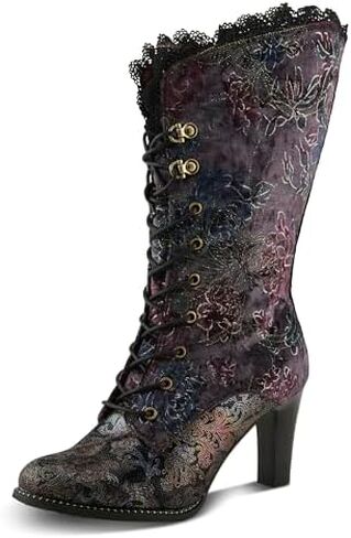 L'Artiste FORUTALUV Women's Embroidered Suede Lace-Up Boot – Baroque Velvet Mid-Shaft with Stacked Heel in Saudi Arabia