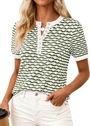 PRETTYGARDEN سترة نسائية صيفية متماسكة بأزرار وأكمام قصيرة سترة غير رسمية بياقة دائرية قمصان شيفرون هينلي بلوزات عمل أنيقة in Kuwait