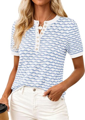 PRETTYGARDEN Womens Knit Summer Tops Button Short Sleeve Sweater Casual Crewneck Chevron Henley Shirts Dressy Work Blouses in Saudi Arabia