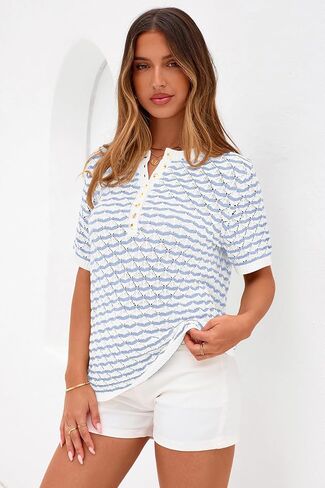 PRETTYGARDEN Womens Knit Summer Tops Button Short Sleeve Sweater Casual Crewneck Chevron Henley Shirts Dressy Work Blouses in Saudi Arabia
