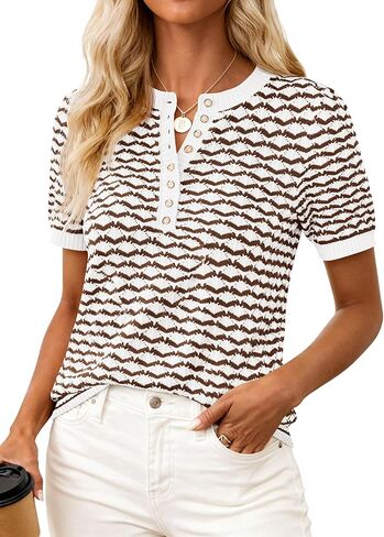 PRETTYGARDEN Womens Knit Summer Tops Button Short Sleeve Sweater Casual Crewneck Chevron Henley Shirts Dressy Work Blouses in Saudi Arabia