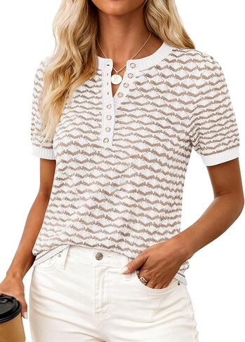 PRETTYGARDEN Womens Knit Summer Tops Button Short Sleeve Sweater Casual Crewneck Chevron Henley Shirts Dressy Work Blouses in Saudi Arabia