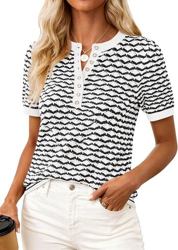 PRETTYGARDEN Womens Knit Summer Tops Button Short Sleeve Sweater Casual Crewneck Chevron Henley Shirts Dressy Work Blouses in Saudi Arabia