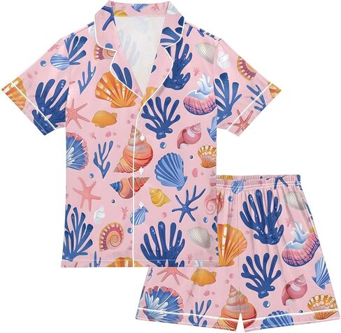 ALAZA Cute Summer Seashell Starfish Pajamas Satin Pajama Set Short Sleeve Button Down Sleepwear in Saudi Arabia