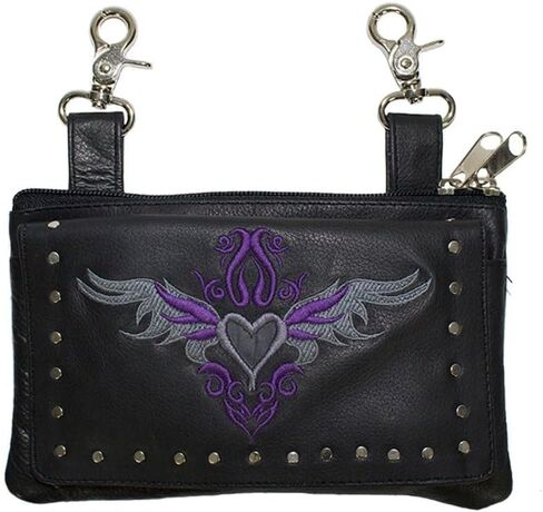 Motorcycle Womens Fanny Waist Pack Leg Back Pack Real Leather Crossbody Belt with Clip Pouch 8.5 X 5.5 (Purple Heart & Studs) in Saudi Arabia