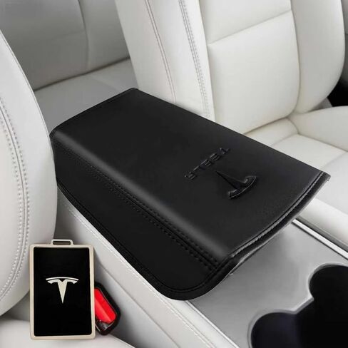 Center Console Armrest Cover for Tesla Model Y Juniper / Model 3 Highland 2025-2026, Vegan Leather Armrest Protector with Key Card Holder & Logo, Scratch-Resistant Interior Accessories, Black in Saudi Arabia