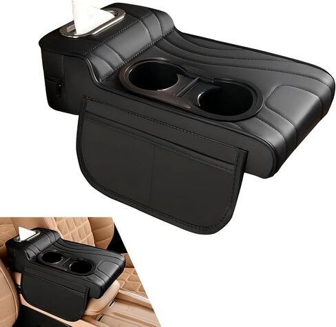 Car Center Console Cover, Microfiber Leather Car Armrest Cover, Multifunctional Armrest Storage Box with 2 Storage Bags, Cup Holders, Tissue Box Slot, Universal for Most Cars (Black) in Saudi Arabia