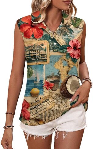 Women's Golf Shirt Vintage Hawaiian Travel Art Notes Print Tennis Shirts Quick Dry Polo Tank Top in Saudi Arabia