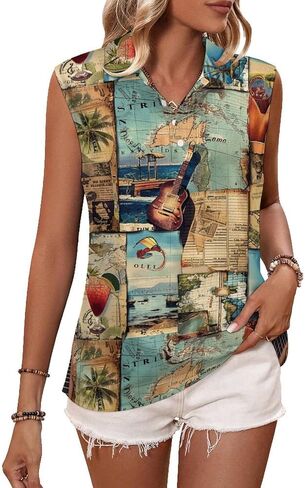 Women's Golf Shirt Vintage Hawaiian Travel Art Notes Print Tennis Shirts Quick Dry Polo Tank Top in Saudi Arabia