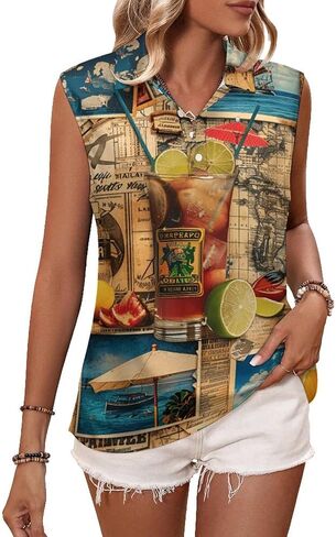 Women's Golf Shirt Vintage Hawaiian Travel Art Notes Print Tennis Shirts Quick Dry Polo Tank Top in Saudi Arabia