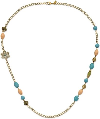 Gold-tone Link Filigree Floral and Pattern Bead with Teal Green and Cream Acrylic Beads Necklace 38" in Saudi Arabia