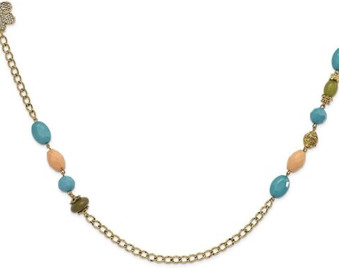 Gold-tone Link Filigree Floral and Pattern Bead with Teal Green and Cream Acrylic Beads Necklace 38" in Saudi Arabia