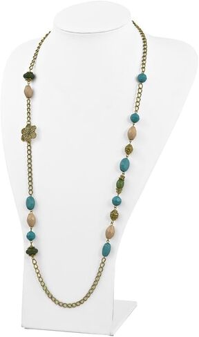 Gold-tone Link Filigree Floral and Pattern Bead with Teal Green and Cream Acrylic Beads Necklace 38" in Saudi Arabia