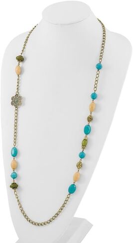 Gold-tone Link Filigree Floral and Pattern Bead with Teal Green and Cream Acrylic Beads Necklace 38" in Saudi Arabia