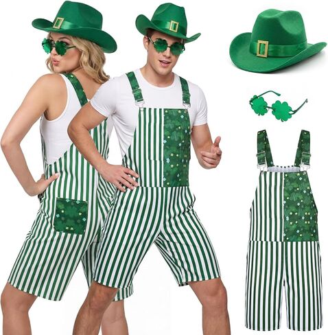 Unisex Bib Overalls Striped Shamrock Shorts Romper Printed Jumpsuit Coveralls with Pockets Holiday Festival Outfits in Kuwait
