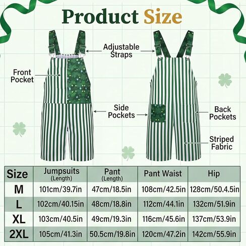 Unisex Bib Overalls Striped Shamrock Shorts Romper Printed Jumpsuit Coveralls with Pockets Holiday Festival Outfits in Saudi Arabia
