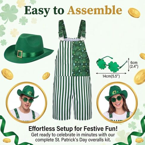 Unisex Bib Overalls Striped Shamrock Shorts Romper Printed Jumpsuit Coveralls with Pockets Holiday Festival Outfits in Saudi Arabia