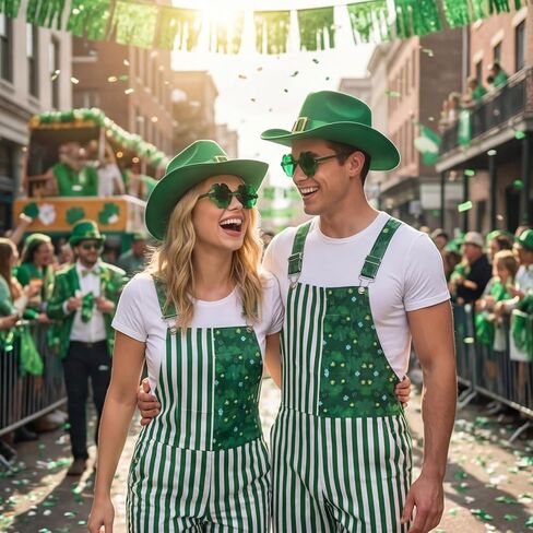 Unisex Bib Overalls Striped Shamrock Shorts Romper Printed Jumpsuit Coveralls with Pockets Holiday Festival Outfits in Saudi Arabia