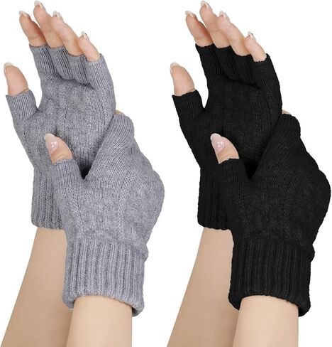 choyaxo 2 Pairs Fingerless Gloves for Women Winter Warm Knitted Wool Gloves Stretchy Heated Half Finger Mittens for Typing in Saudi Arabia