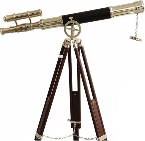 Nautical Brass and Black Harbor Master Telescope on Wooden Tripod | Double Barrel Vintage Telescope Spyglass | 1920s Style Surveyor's Brass Floor Standing Telescopes Sailor Boat Decor in Saudi Arabia