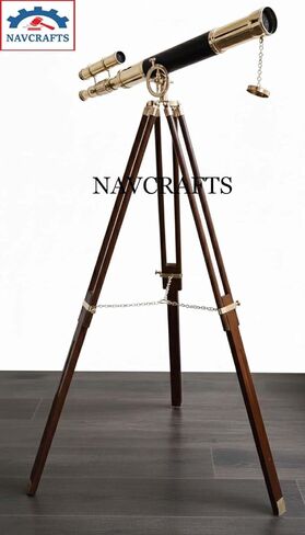 Nautical Brass and Black Harbor Master Telescope on Wooden Tripod | Double Barrel Vintage Telescope Spyglass | 1920s Style Surveyor's Brass Floor Standing Telescopes Sailor Boat Decor in Saudi Arabia