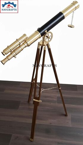 Nautical Brass and Black Harbor Master Telescope on Wooden Tripod | Double Barrel Vintage Telescope Spyglass | 1920s Style Surveyor's Brass Floor Standing Telescopes Sailor Boat Decor in Saudi Arabia