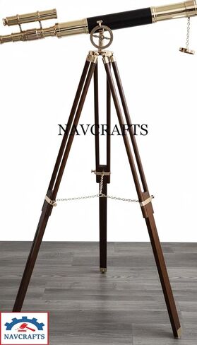 Nautical Brass and Black Harbor Master Telescope on Wooden Tripod | Double Barrel Vintage Telescope Spyglass | 1920s Style Surveyor's Brass Floor Standing Telescopes Sailor Boat Decor in Saudi Arabia