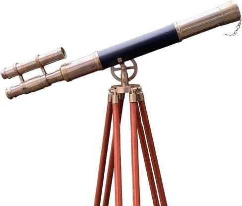 Vintage Brass Spyglass Telescope on Wooden Tripod: Nautical Steampunk Decor in Saudi Arabia