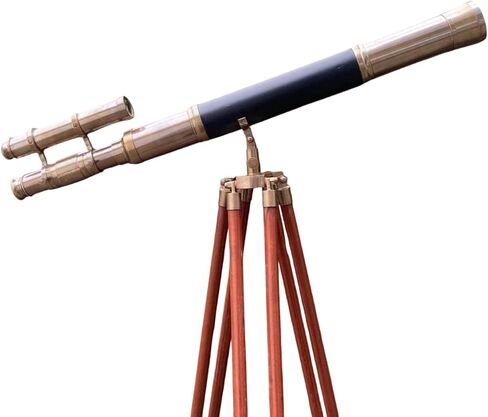 Vintage Brass Spyglass Telescope on Wooden Tripod: Nautical Steampunk Decor in Saudi Arabia