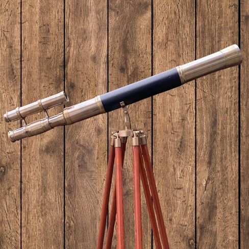Vintage Brass Spyglass Telescope on Wooden Tripod: Nautical Steampunk Decor in Saudi Arabia