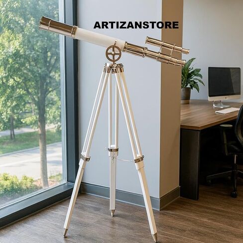 Vintage Brass Telescope on White Tripod – Engraved Nautical Spyglass | Maritime Décor | Coastal Home Accent | 51" Antique Telescope Gift in Saudi Arabia