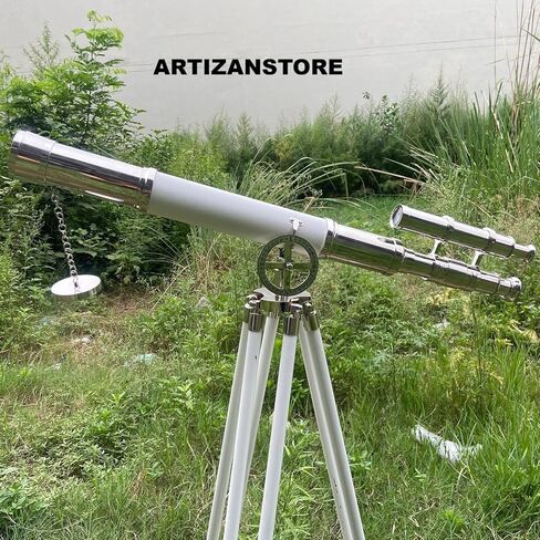 Vintage Brass Telescope on White Tripod – Engraved Nautical Spyglass | Maritime Décor | Coastal Home Accent | 51" Antique Telescope Gift in Saudi Arabia