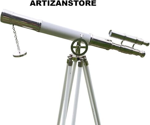 Vintage Brass Telescope on White Tripod – Engraved Nautical Spyglass | Maritime Décor | Coastal Home Accent | 51" Antique Telescope Gift in Saudi Arabia
