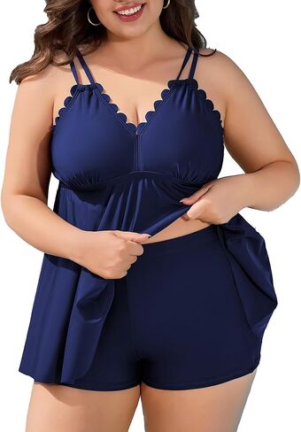 بدلة سباحة نسائية مقاس كبير من ANFILIA تانكيني بزخرفة صدفية من قطعتين لباس سباحة للتحكم في البطن مع شورت in Kuwait