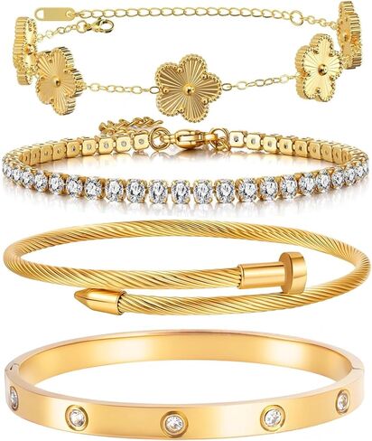 18K Gold Plated 4-Piece Bracelet Set for Women, Stackable Tennis & Clover Nail Love Bangle, Adjustable Gold Jewelry Set for Mother's Day in Saudi Arabia