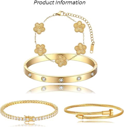 18K Gold Plated 4-Piece Bracelet Set for Women, Stackable Tennis & Clover Nail Love Bangle, Adjustable Gold Jewelry Set for Mother's Day in Saudi Arabia