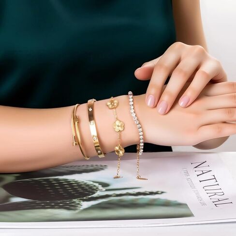 18K Gold Plated 4-Piece Bracelet Set for Women, Stackable Tennis & Clover Nail Love Bangle, Adjustable Gold Jewelry Set for Mother's Day in Saudi Arabia