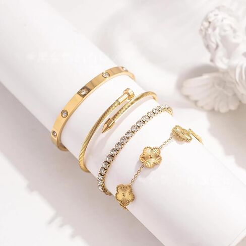 18K Gold Plated 4-Piece Bracelet Set for Women, Stackable Tennis & Clover Nail Love Bangle, Adjustable Gold Jewelry Set for Mother's Day in Saudi Arabia