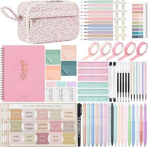 مجموعة مستلزمات دراسة الكتاب المقدس للنساء مكونة من 76 قطعة، مجموعة يوميات مع أدوات تمييز لا تنزف، وعلامات تبويب مغلفة للكتاب المقدس، ودفتر ملاحظات، وحقيبة أقلام مبطنة، ومجموعة إكسسوارات الكتاب المقدس هدايا مسيحية للمبتدئين in Kuwait