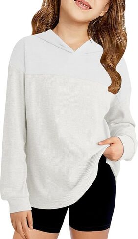 PRETTODAY Girls Hoodies Casual Waffle Knit Long Sleeve Color Block Sweatshirts Casual Lightweight Pullover Tops in Kuwait