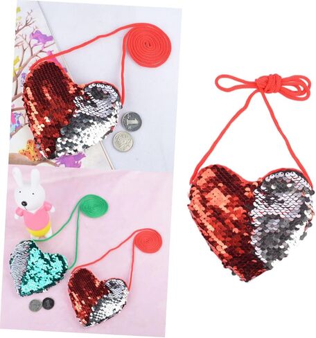 Gatuida Heart-Shaped Sequin Crossbody Bag for Kids Mini Change Purse Adjustable Strap Red and Silver Messenger Bag for Parties and Everyday Use in Saudi Arabia