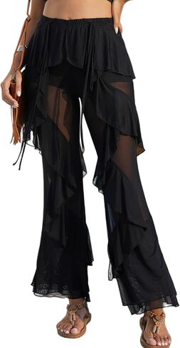 Women Ruffle Mesh Pants Sexy Flare Beach Cover Up Pants Sheer Going Out Bottoms for Pool Party Festival Rave Vacation in Saudi Arabia